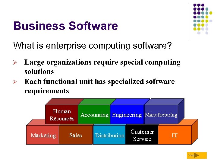 Business Software What is enterprise computing software? Ø Ø Large organizations require special computing