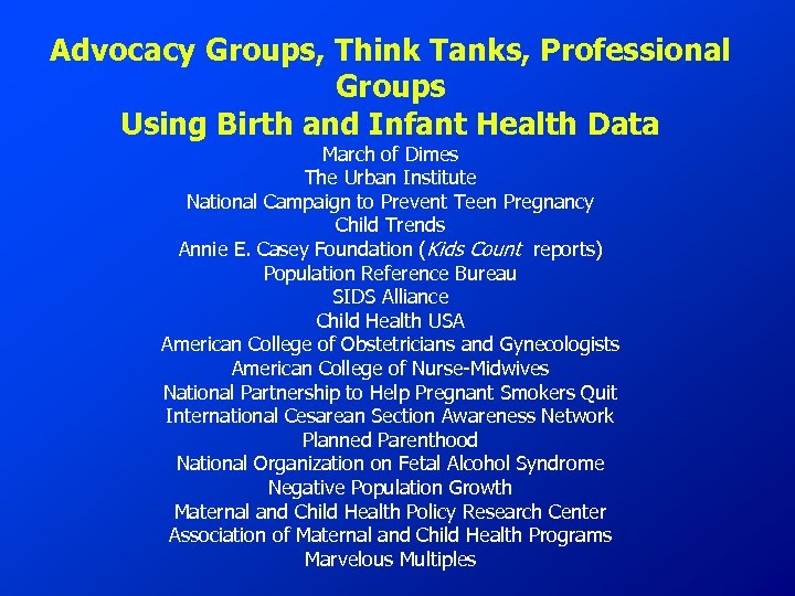 Advocacy Groups, Think Tanks, Professional Groups Using Birth and Infant Health Data March of