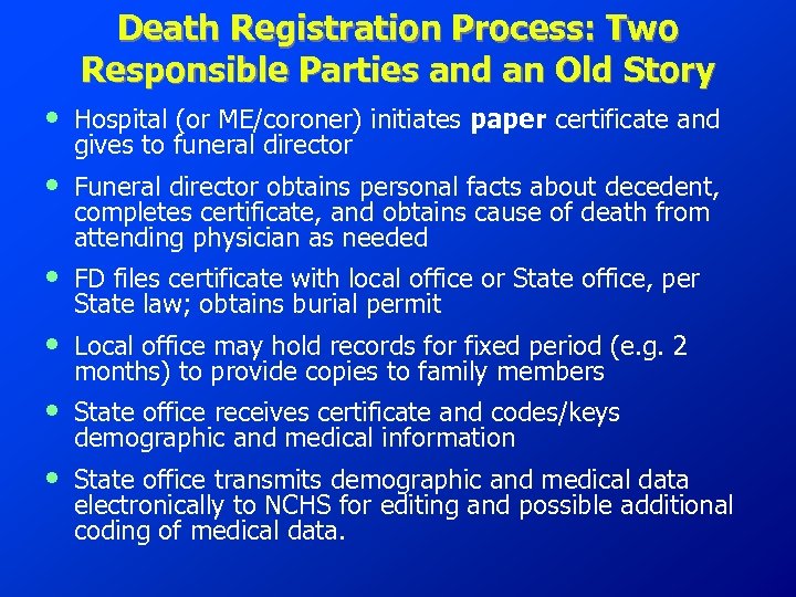 Death Registration Process: Two Responsible Parties and an Old Story • Hospital (or ME/coroner)