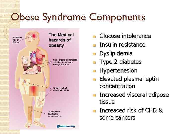 Obese Syndrome Components n n n n Glucose intolerance Insulin resistance Dyslipidemia Type 2