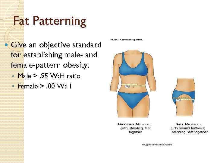 Fat Patterning Give an objective standard for establishing male- and female-pattern obesity. ◦ Male
