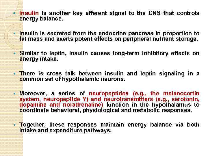  Insulin is another key afferent signal to the CNS that controls energy balance.