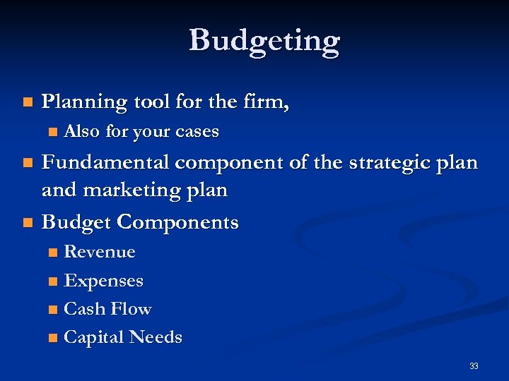 Budgeting n Planning tool for the firm, n Also for your cases Fundamental component
