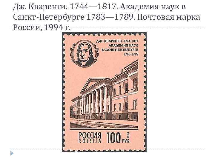 Дж. Кваренги. 1744— 1817. Академия наук в Санкт-Петербурге 1783— 1789. Почтовая марка России, 1994