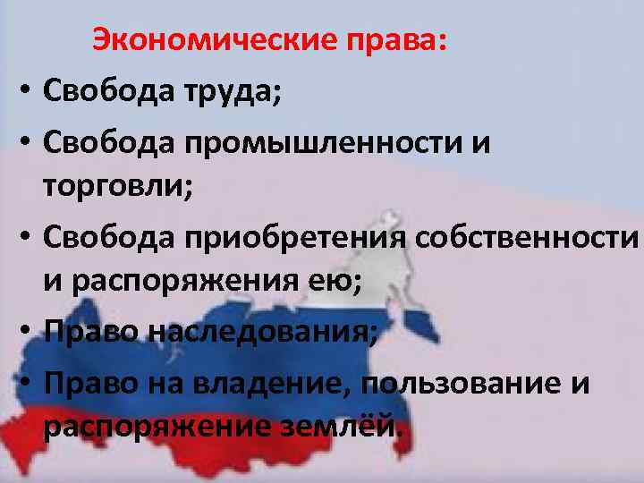  Экономические права: • Свобода труда; • Свобода промышленности и торговли; • Свобода приобретения