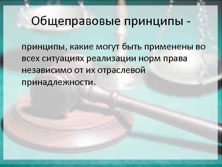 Общеправовые принципы - принципы, какие могут быть применены во всех ситуациях реализации норм права