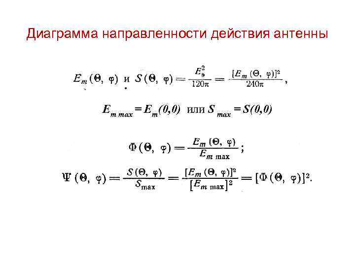 Диаграмма направленности действия антенны Em max = Em(0, 0) или S max = S(0,