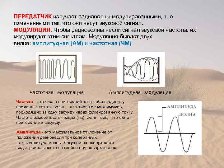 ПЕРЕДАТЧИК излучает радиоволны модулированными, т. е. измененными так, что они несут звуковой сигнал. МОДУЛЯЦИЯ.