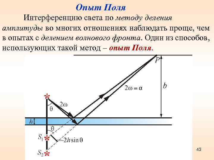 Опыт Поля Интерференцию света по методу деления амплитуды во многих отношениях наблюдать проще, чем