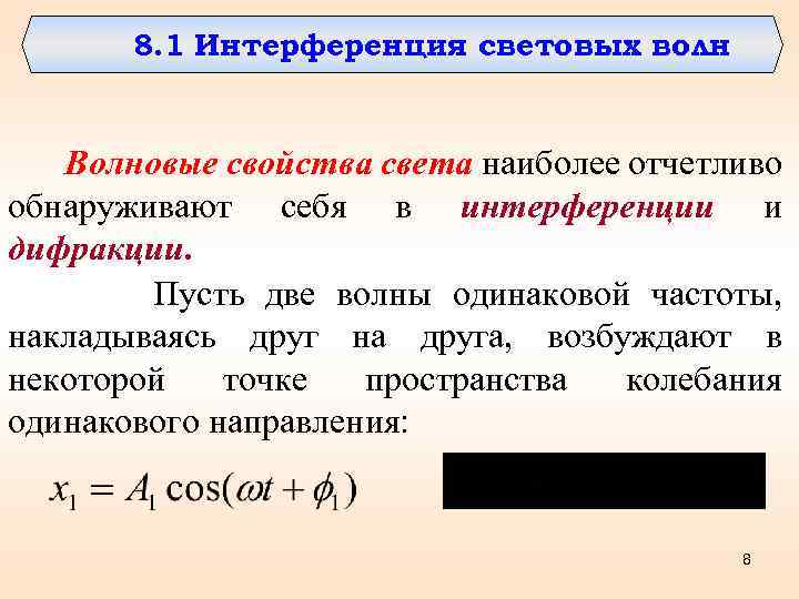 8. 1 Интерференция световых волн Волновые свойства света наиболее отчетливо обнаруживают себя в интерференции