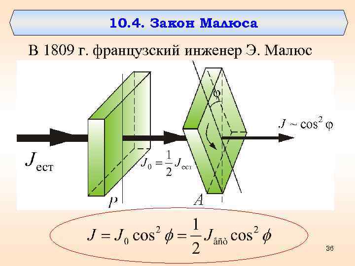 10. 4. Закон Малюса В 1809 г. французский инженер Э. Малюс 36 