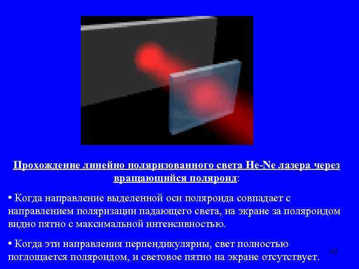 Прохождение линейно поляризованного света He-Ne лазера через вращающийся поляроид: • Когда направление выделенной оси