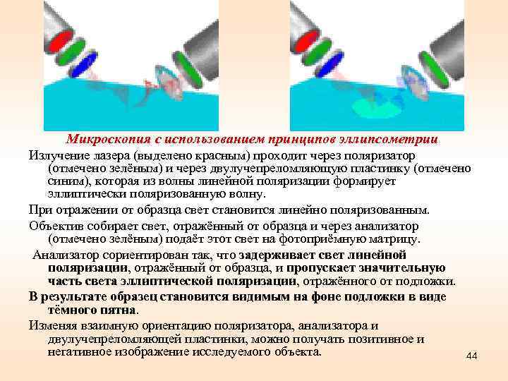 Микроскопия с использованием принципов эллипсометрии Излучение лазера (выделено красным) проходит через поляризатор (отмечено зелёным)