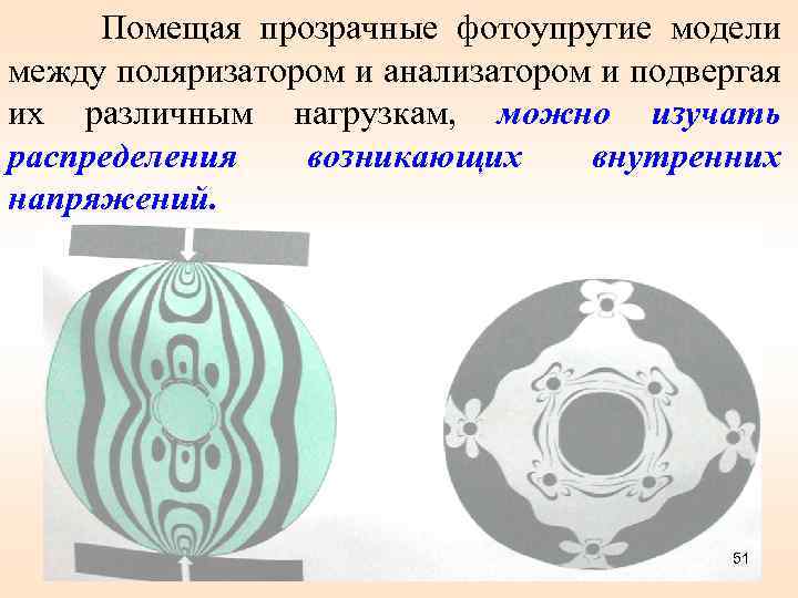 Помещая прозрачные фотоупругие модели между поляризатором и анализатором и подвергая их различным нагрузкам, можно