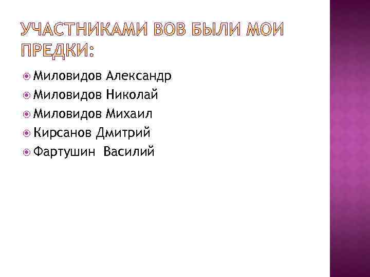  Миловидов Александр Миловидов Николай Миловидов Михаил Кирсанов Дмитрий Фартушин Василий 