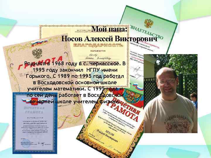 Мой папа: Носов Алексей Викторович Родился в 1968 году в с. Черкасское. В 1995