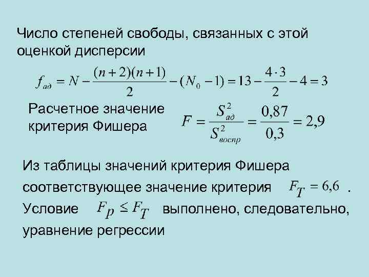 Число степеней свободы, связанных с этой оценкой дисперсии Расчетное значение критерия Фишера Из таблицы