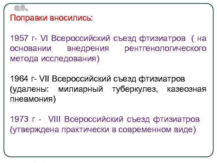 Поправки вносились: 1957 г- VI Всероссийский съезд фтизиатров ( на основании внедрения рентгенологического метода