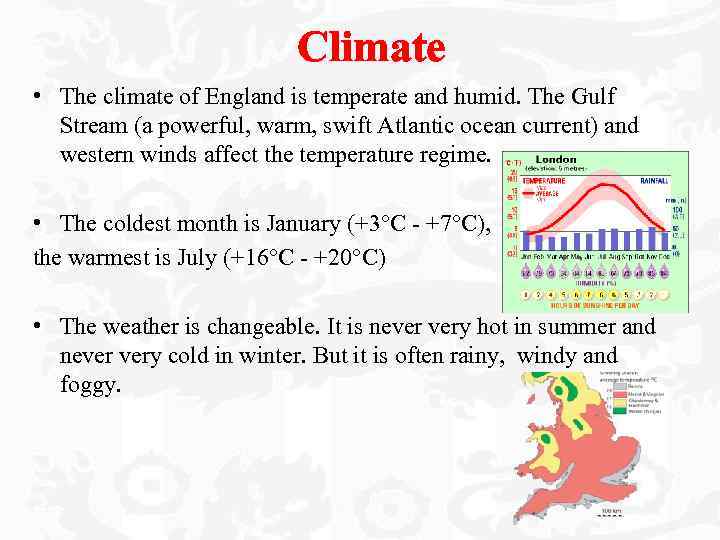 Climate • The climate of England is temperate and humid. The Gulf Stream (a