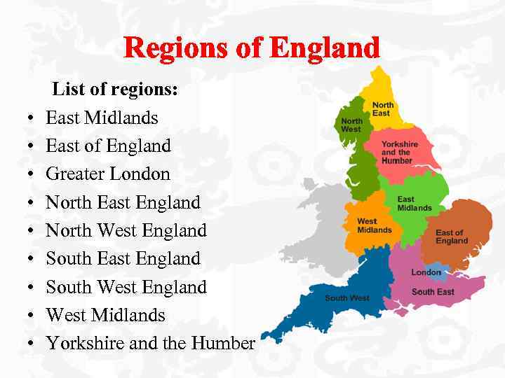 Regions of England • • • List of regions: East Midlands East of England