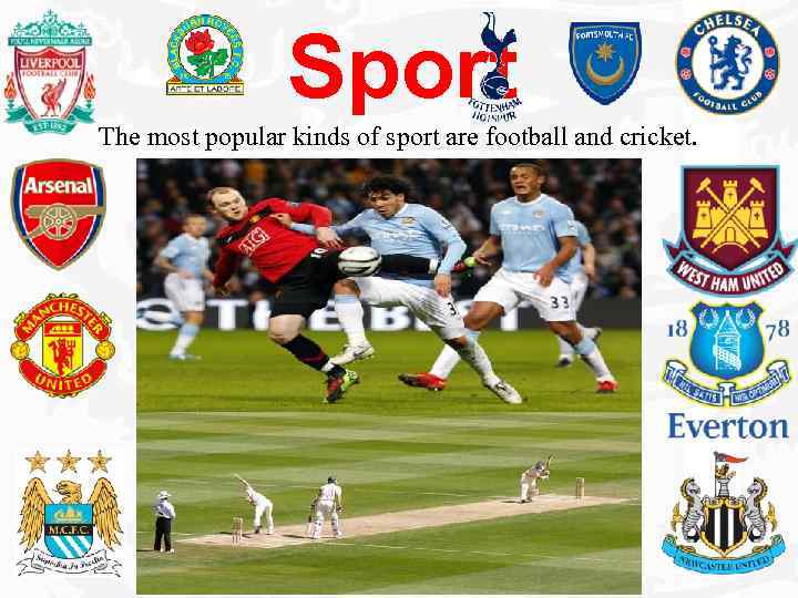 Sport The most popular kinds of sport are football and cricket. 