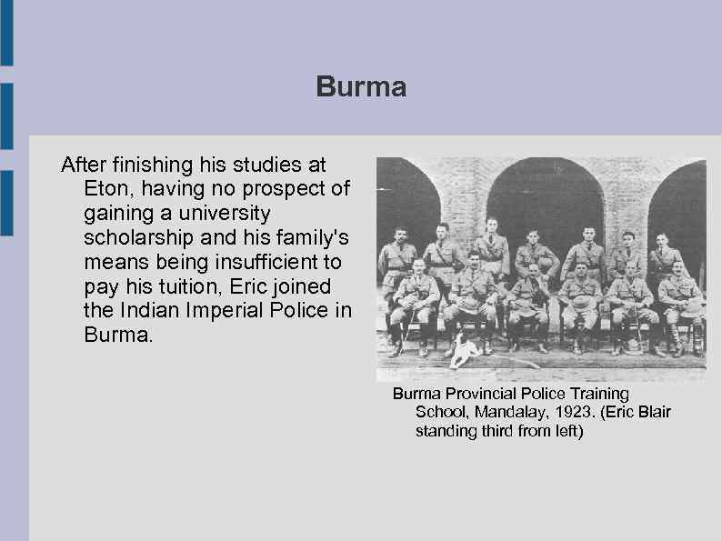 Burma After finishing his studies at Eton, having no prospect of gaining a university
