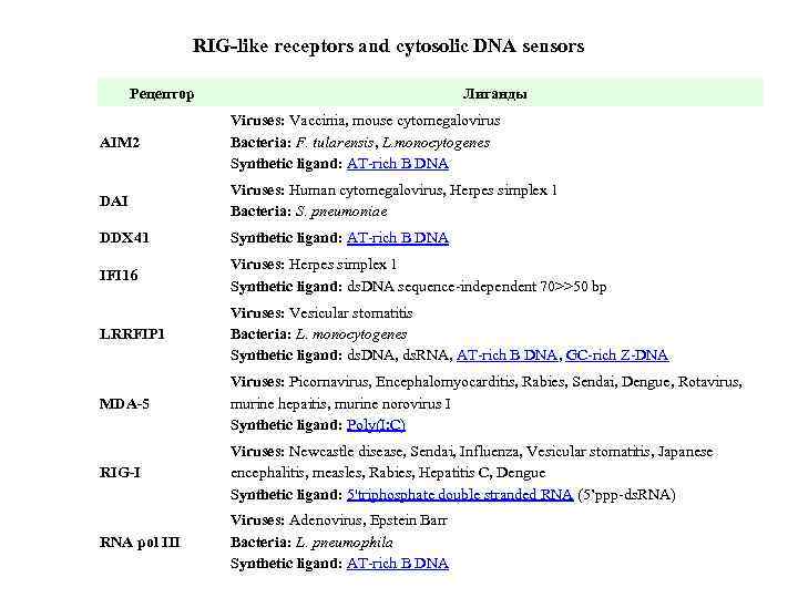 RIG-like receptors and cytosolic DNA sensors Рецептор Лиганды AIM 2 Viruses: Vaccinia, mouse cytomegalovirus