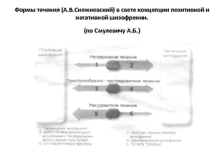 Формы течения (А. В. Снежневский) в свете концепции позитивной и негативной шизофрении. (по Смулевичу