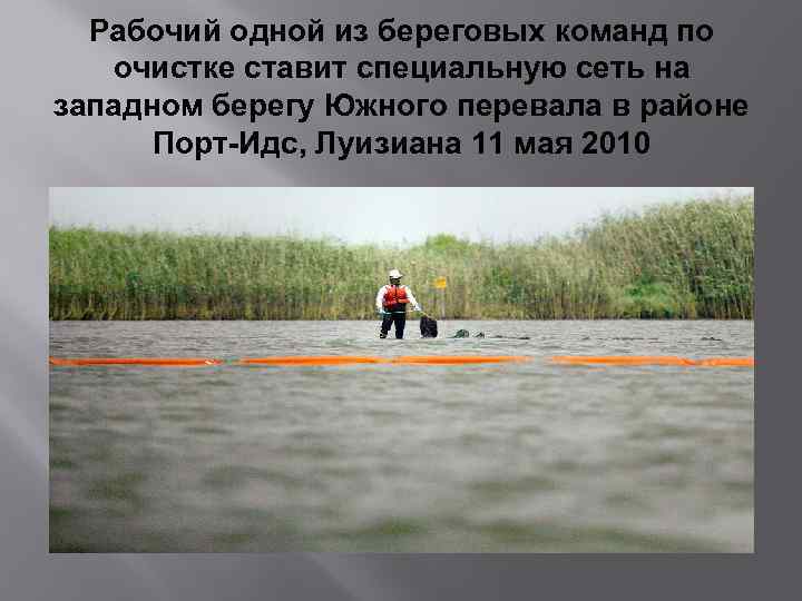 Рабочий одной из береговых команд по очистке ставит специальную сеть на западном берегу Южного