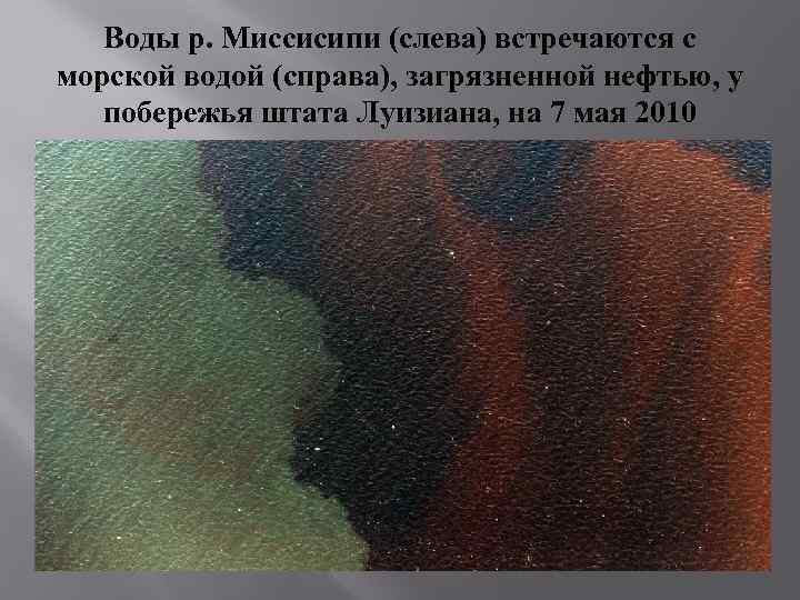 Воды р. Миссисипи (слева) встречаются с морской водой (справа), загрязненной нефтью, у побережья штата