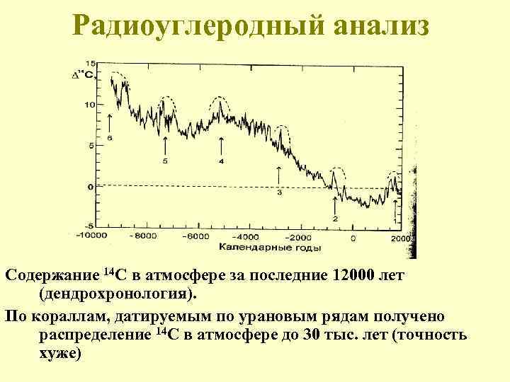 Радиоуглеродный анализ Содержание 14 С в атмосфере за последние 12000 лет (дендрохронология). По кораллам,