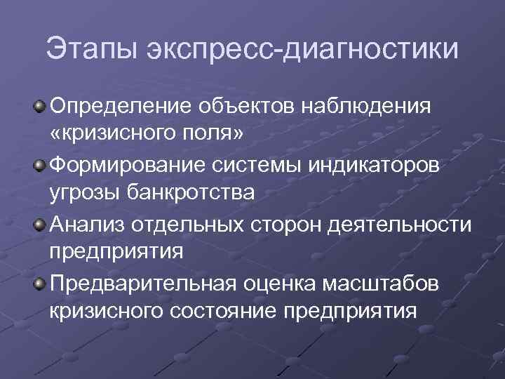 Этапы экспресс-диагностики Определение объектов наблюдения «кризисного поля» Формирование системы индикаторов угрозы банкротства Анализ отдельных