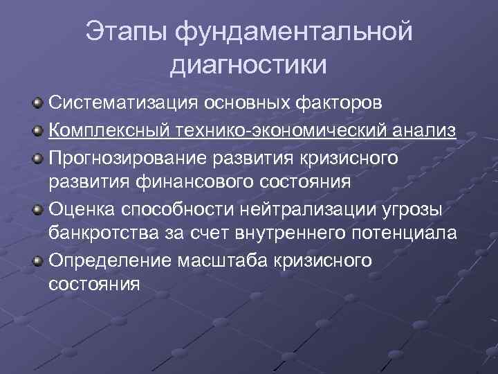 Этапы фундаментальной диагностики Систематизация основных факторов Комплексный технико-экономический анализ Прогнозирование развития кризисного развития финансового