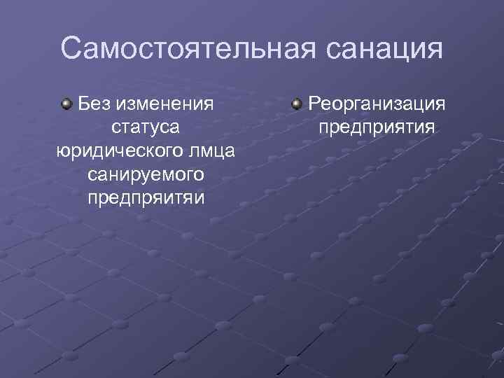 Самостоятельная санация Без изменения статуса юридического лмца санируемого предпряитяи Реорганизация предприятия 