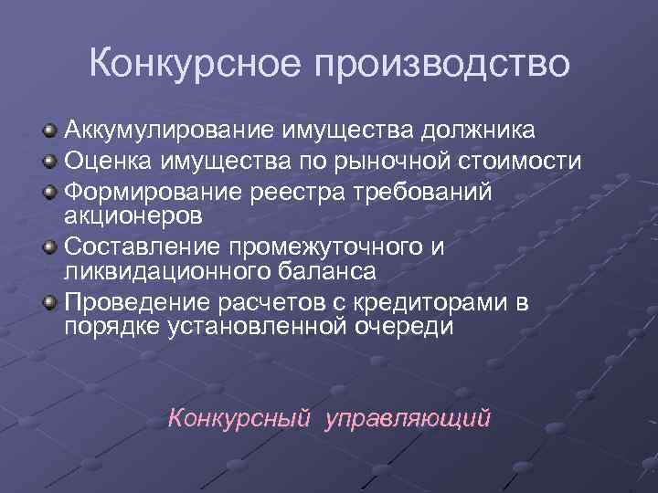 Конкурсное производство Аккумулирование имущества должника Оценка имущества по рыночной стоимости Формирование реестра требований акционеров