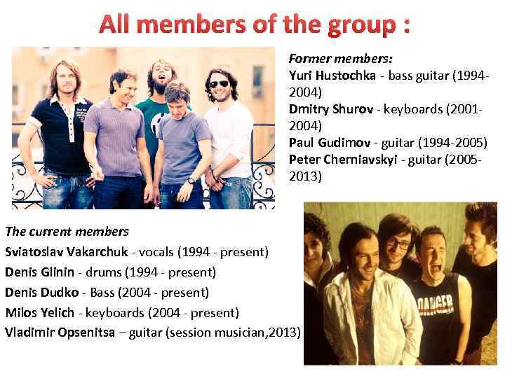 All members of the group : Former members: Yuri Hustochka - bass guitar (19942004)
