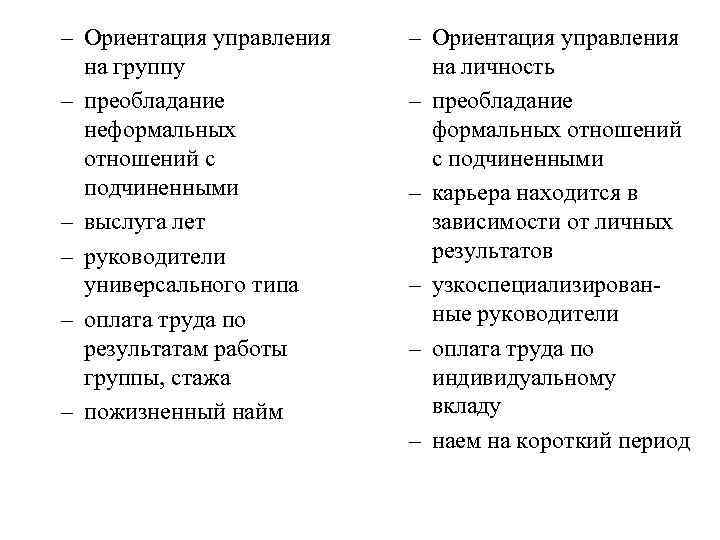 – Ориентация управления на группу – преобладание неформальных отношений с подчиненными – выслуга лет