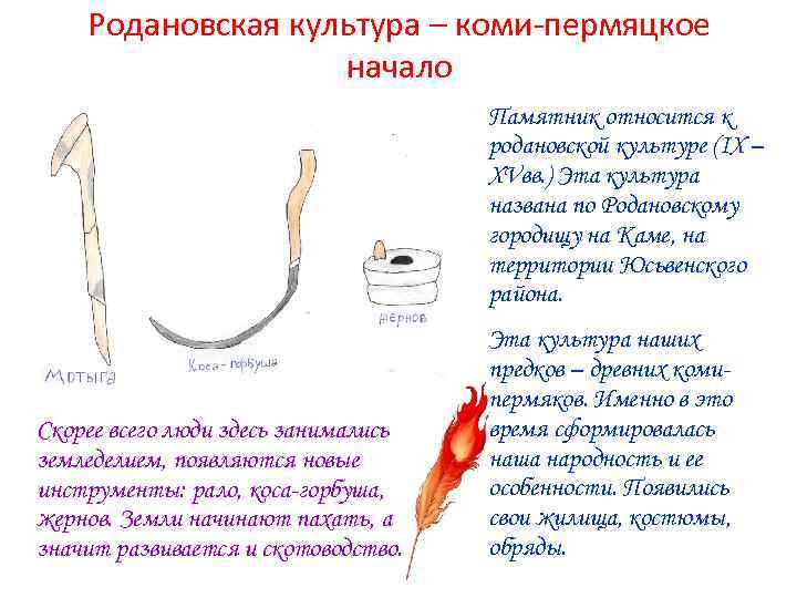 Родановская культура – коми-пермяцкое начало Памятник относится к родановской культуре (IX – XVвв. )