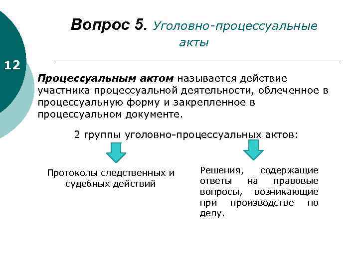 Вопрос 5. Уголовно-процессуальные акты 12 Процессуальным актом называется действие участника процессуальной деятельности, облеченное в