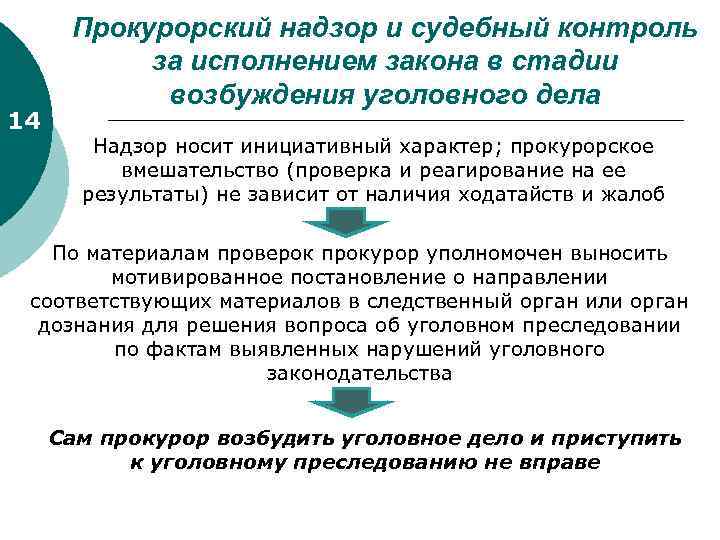 Возбуждение определение. Прокурорский надзор и судебный контроль. Прокурорский надзор на стадии возбуждения уголовного дела. Судебный контроль и Прокурорский надзор за исполнением законов. Надзор и контроль в судебных стадиях.