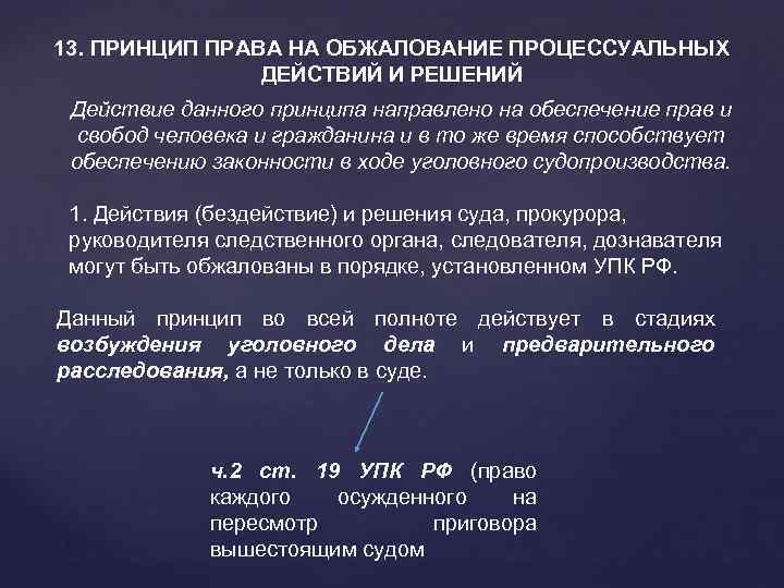 13. ПРИНЦИП ПРАВА НА ОБЖАЛОВАНИЕ ПРОЦЕССУАЛЬНЫХ ДЕЙСТВИЙ И РЕШЕНИЙ Действие данного принципа направлено на