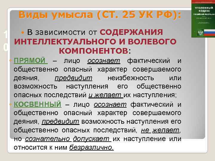 Виды умысла (СТ. 25 УК РФ): 1 0 В зависимости от СОДЕРЖАНИЯ ИНТЕЛЛЕКТУАЛЬНОГО И