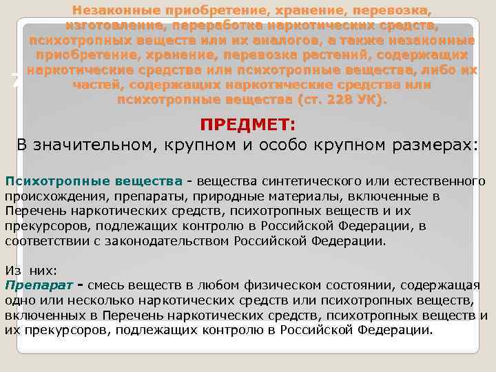 Незаконные приобретение, хранение, перевозка, изготовление, переработка наркотических средств, психотропных веществ или их аналогов, а