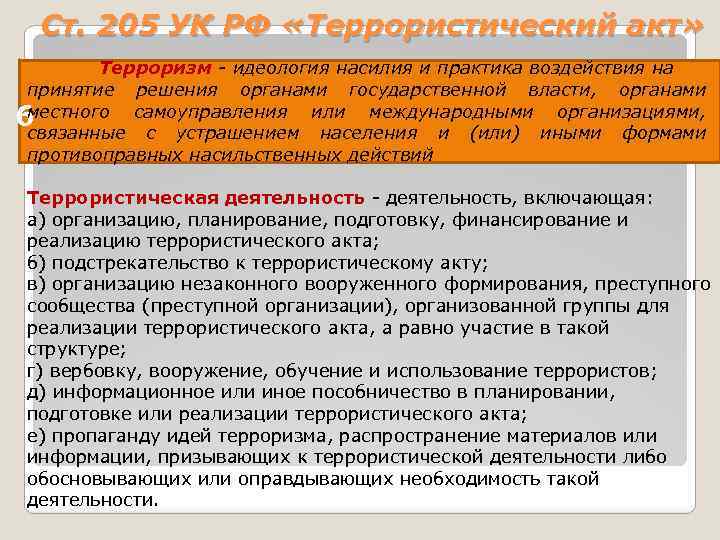 Ст. 205 УК РФ «Террористический акт» Терроризм - идеология насилия и практика воздействия на