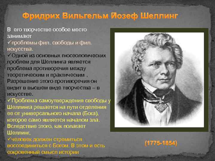 Фридрих Вильгельм Йозеф Шеллинг В его творчестве особое место занимают üпроблемы фил. свободы и