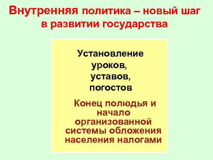 Внутренняя политика – новый шаг в развитии государства Установление уроков, уставов, погостов Конец полюдья