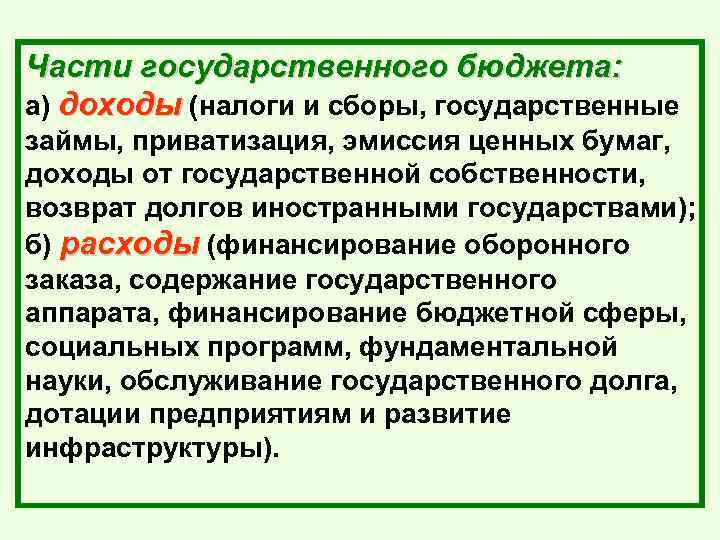 Части государственного бюджета: а) доходы (налоги и сборы, государственные займы, приватизация, эмиссия ценных бумаг,