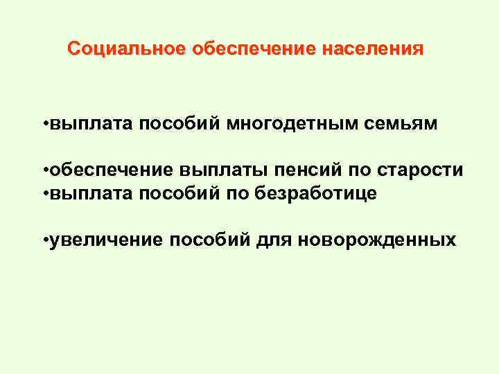 Социальное обеспечение населения • выплата пособий многодетным семьям • обеспечение выплаты пенсий по старости