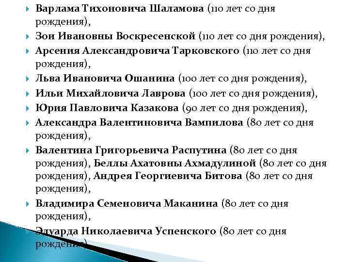  Варлама Тихоновича Шаламова (110 лет со дня рождения), Зои Ивановны Воскресенской (110 лет