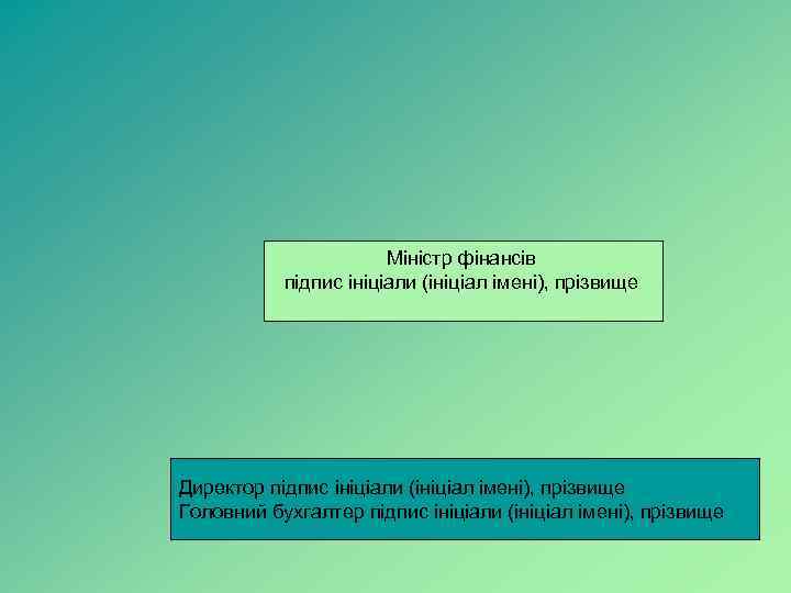 Міністр фінансів підпис ініціали (ініціал імені), прізвище Директор підпис ініціали (ініціал імені), прізвище Головний